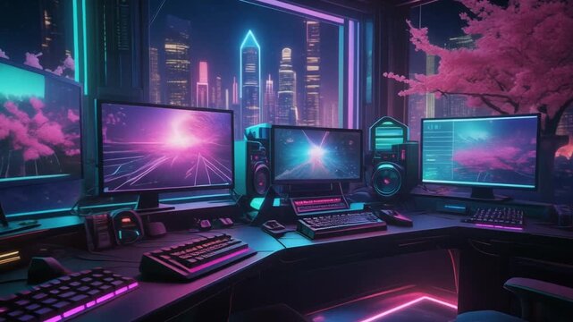 Cyberpunk 3D Gaming Workstation Concept with Neon Lights, Futuristic Cityscape and Sakura Blossom Background