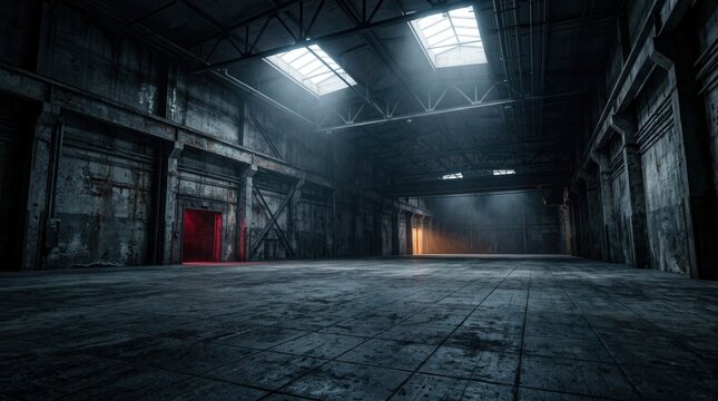 Empty warehouse interior with dramatic lighting and moody ambiance.