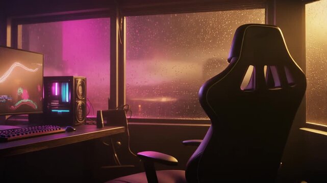 Cinematic Lofi Gaming Workstation with RGB PC, Monitor and Rainy Window View at Night