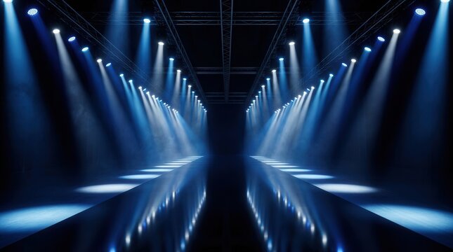 Empty catwalk stage with many bright spotlights for a fashion event.