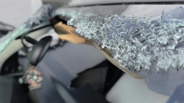 Smashed front windshield glass at accident scene 4k
