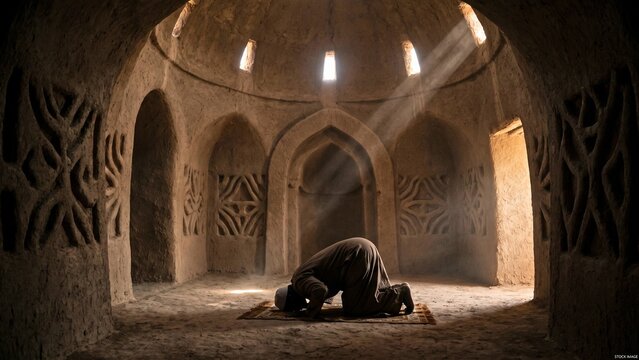 Muslim man praying alone inside domed mosque shrine illustrating faith devotion and spiritual heritage