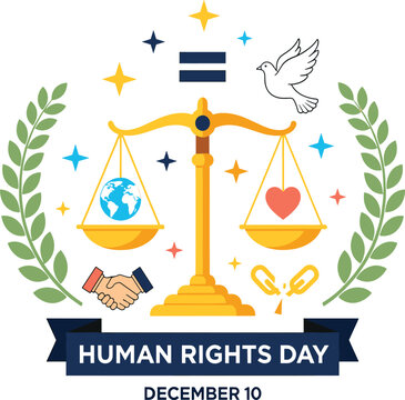 Human Rights Day Concept with Balance Scale and Social Justice Icons