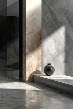Light and shadow in the tranquil room, and a serene atmosphere, are accentuated by the vase.