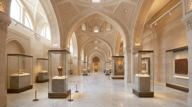 Elegant museum interior with ornate arches, display cases, and artifacts.