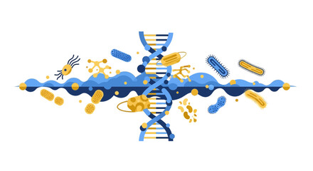 Naklejka premium DNA Helix and Microbes Abstract Biotechnology Illustration
