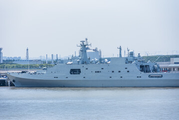 Chinese Navy warship alongside a river quay on the Yangtze near Shanghai, China. © Mariusz