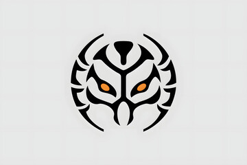 Naklejka premium Abstract tribal spider logo with orange eyes and circular symmetrical design.