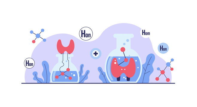 Thyroid hormone research illustration featuring lab flasks and gland models for endocrinology medical concepts.