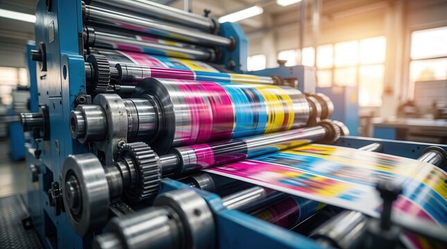 Close-up of a professional press printing machine in operation for color printing.