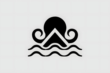 Fototapeta premium Minimalist black octopus silhouette rising above ocean waves for marine branding design.