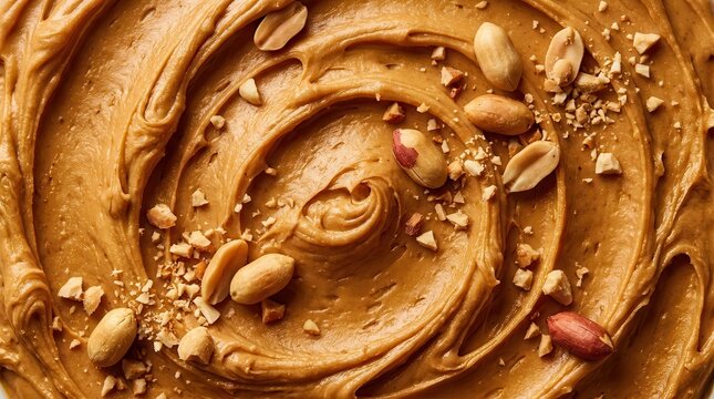 Creamy peanut butter background with whole peanuts and copy space.