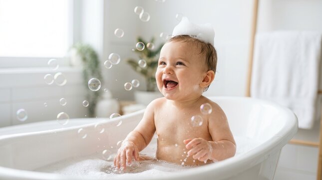 A happy baby laughing during a playful bath time in a white tub.