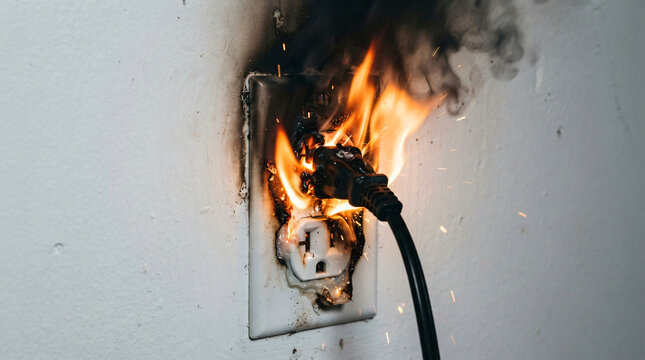  Concept stock photo of a dangerous electrical fire in a wall socket. Overloaded power plug burning with flames and smoke, illustrating domestic hazard, accident prevention, and insurance risk.