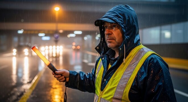 Traffic control worker guiding vehicles
