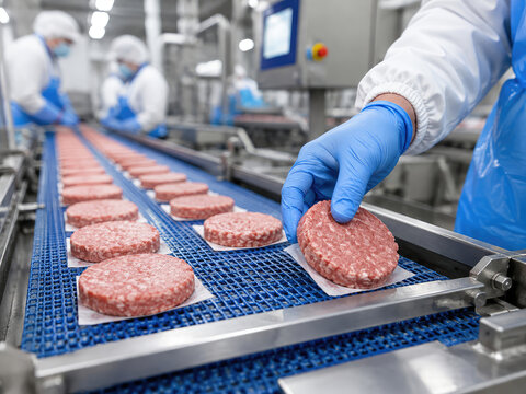 Industrial Meat Processing Line with Raw Burger Patties and Food Factory Workers