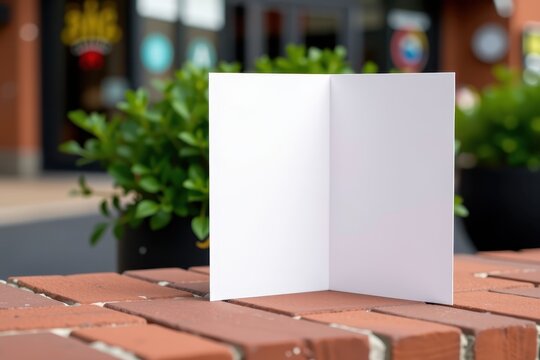Blank card stands on brick pavement