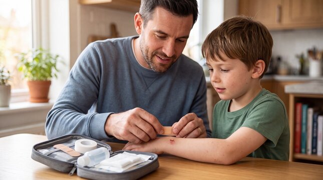  Caring father applying an adhesive bandage to his young son's injured arm using a first aid kit at home
