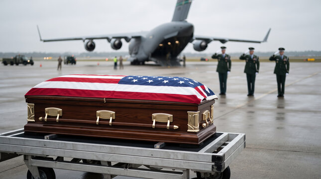 American flag draped over a wooden casket on a metal trolley during military repatriation ceremony at airbase with military ceremony airplane airfield transport aircraft mourning national