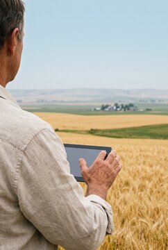Farmer using digital tablet in golden wheat field for smart agriculture management