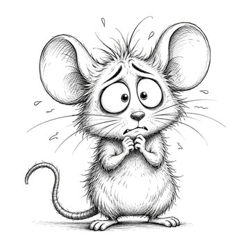 Scared Cartoon Mouse Black and White Hand Drawn Character Illustration