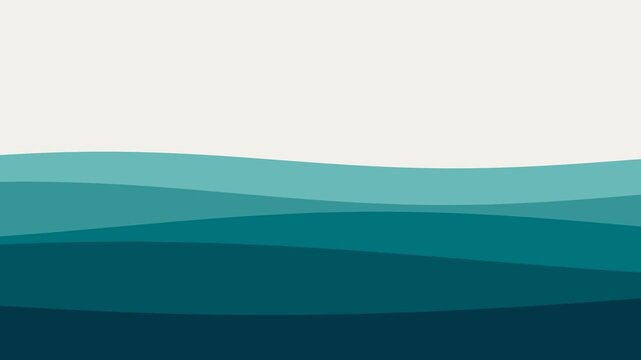 Minimalist 2D animation of layered teal blue ocean waves. Abstract flat fluid motion background loop