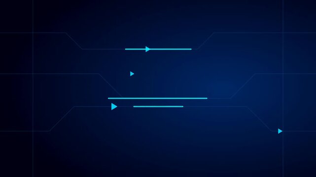 Futuristic digital data transfer animation. Small blue triangles moving on horizontal network lines against dark blue background loop