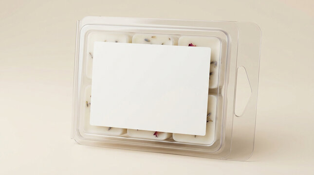 Wax Melt Mockup with Blank Label and Dried Flowers in Plastic Clamshell Packaging on Neutral Background
