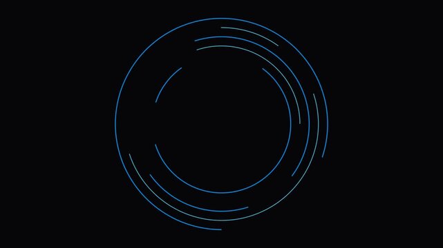 Abstract animation of rotating thin blue concentric circular lines on black background. Minimalist HUD element and futuristic technology loop