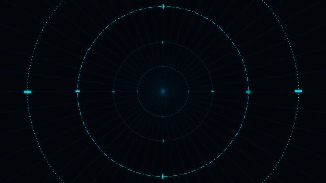 Abstract neon blue circular grid HUD animation. Futuristic sci-fi targeting system and radar screen on dark background loop
