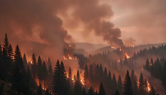 Cinematic forest fire scene across layered wilderness terrain