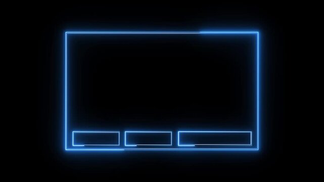 Futuristic blue neon rectangle frame with animated progress bars at bottom on black background glowing electric digital interface motion graphic.