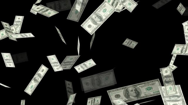 Money Falling - Dollar bills falling down from the sky. Super slow motion of flying US dollars banknotes on black background. dollars bills falling down in 3D animation video on green screen 