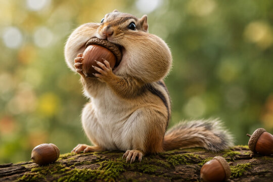 Chipmunk with full cheeks trying to push an acorn into its mouth.