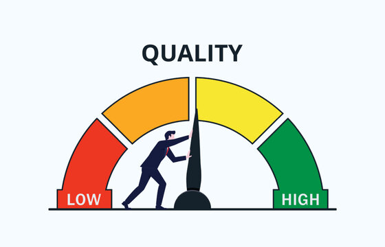 Quality increase concept. Driving Quality Improvement. Businessman Pushing the Quality Needle from Low to High symbol
