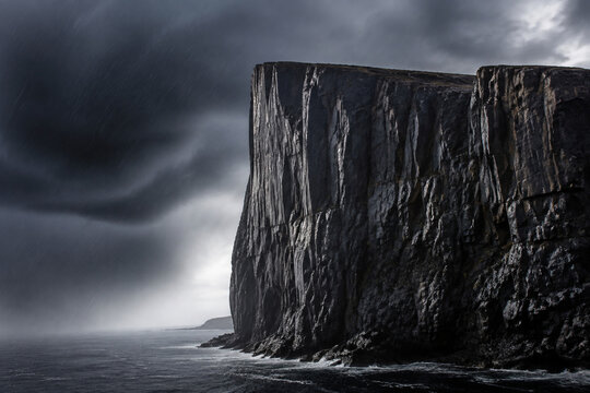 A sheer cliff face standing against a stormy sky with rain-slicked dark rock surface.