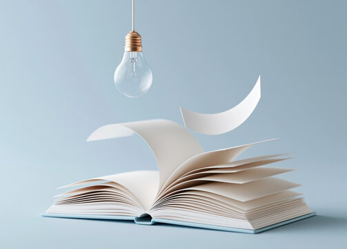 Open book with flying pages and hanging light bulb creating creative learning concept against soft blue background