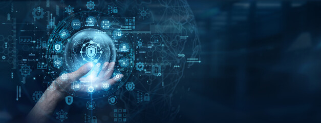 Modern corporate networks require advanced perimeter protection protocols against active intruders. A cyber expert touch a data flow on global network Network Security to block threat vectors. © NexPix