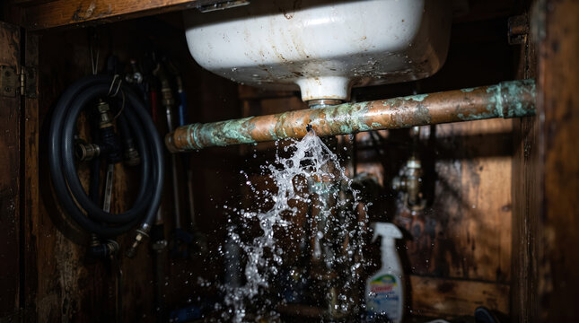 Broken copper pipe leaking water spraying forcefully underneath sink in dark utility room with water leak sink plumbing pipe burst water damage plumbing emergency maintenance flooding