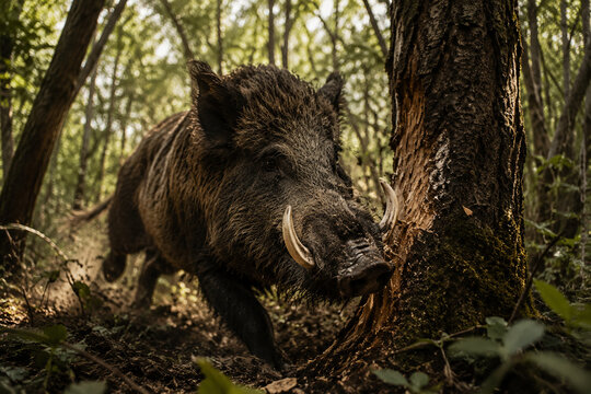 A wild boar charging through dense forest undergrowth, its tusks scraping against tree bark in dappled sunlight.