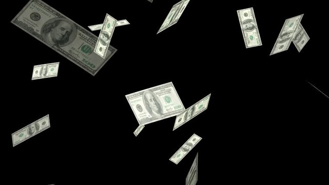 Money Falling - Dollar bills falling down from the sky. Super slow motion of flying US dollars banknotes on black background. dollars bills falling down in 3D animation video on green screen 