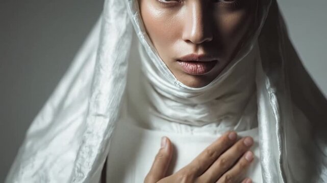 Veiled woman in white looking directly at camera.