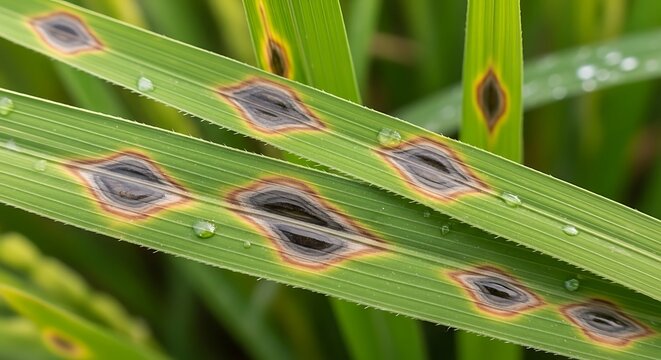 Rice leaves infected by brown spot fungus disease showing necrotic lesions