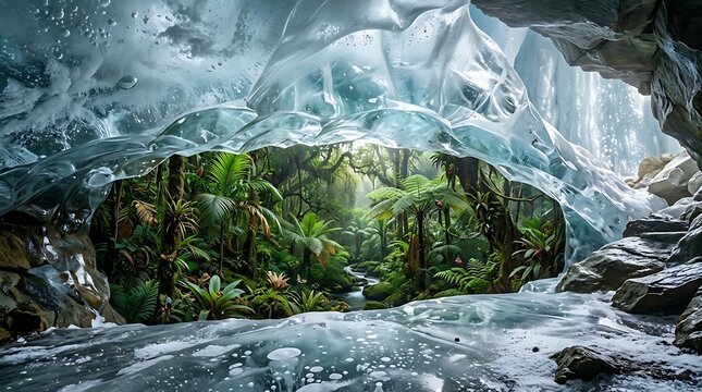 Breathtaking view from inside an ice cave looking out into a lush tropical jungle with a flowing river
