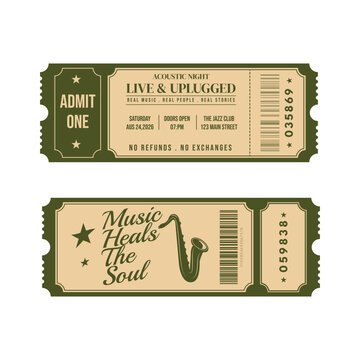 Vintage jazz and acoustic music concert tickets design