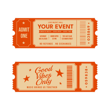 Vintage event ticket templates with admit one and good vibes text