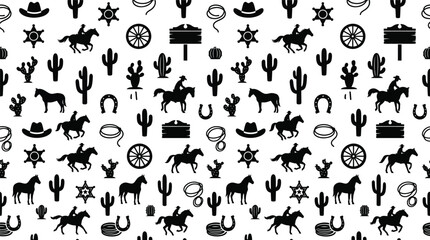 Fototapeta premium Desert Themed Black and White Pattern Featuring Cacti, Wildlife and Sun Motifs for Repeating Design.