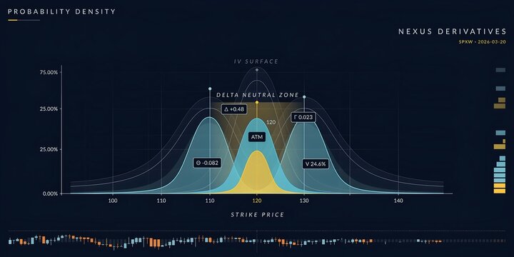 Complex financial chart illustrating probability density, strike price curves, IV surface, and delta neutral zone for modern quantitative options trading analysis.