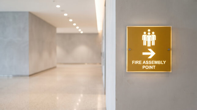 Fire assembly point sign mounted on a concrete wall in a modern office building hallway with emergency sign safety sign evacuation sign building interior corridor sign safety procedure