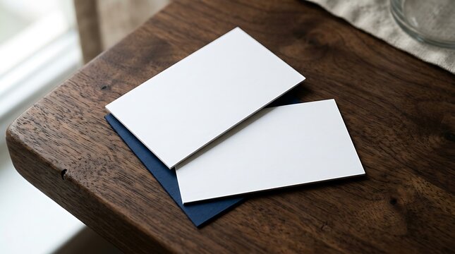 Two blank business cards on a dark wooden table with blue base